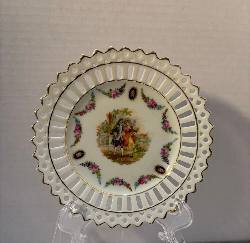 Vintage German Porcelain Courting Couple Plate Reticulated Edge Floral Gold Trim